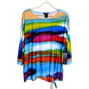 NEW Ali Miles Side Twist Knot Tunic Top Large Colorful Abstract Artsy Dolman